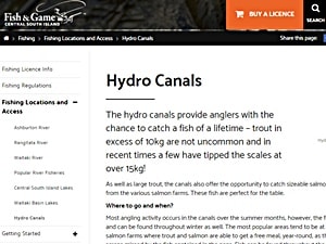 Fish＆Game NZのHydro Canalでのフィッシングページ